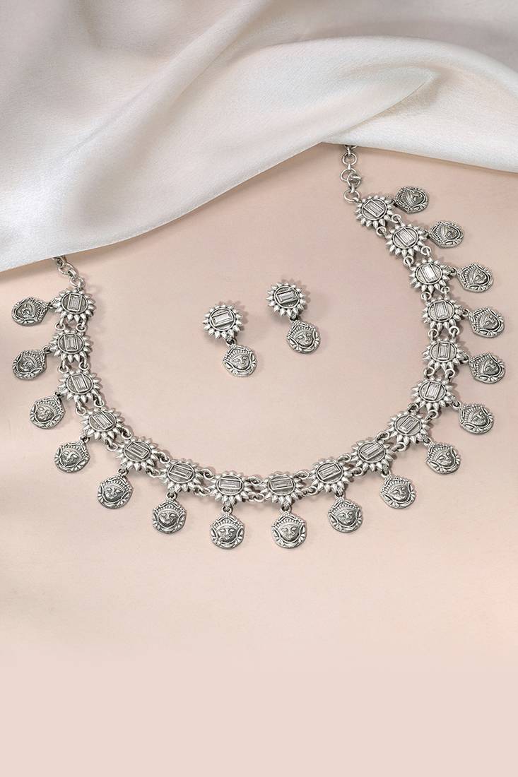Oxidized silver plated ethnic necklace & drop earrings set fashion jewellery for women & girls