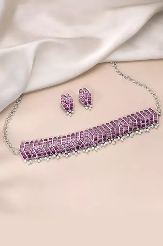 Oxidized silver plated faux ruby & lariya studded necklace earrings set jewellery for women