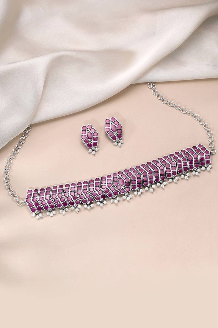 Oxidized silver plated faux ruby & lariya studded necklace earrings set jewellery for women