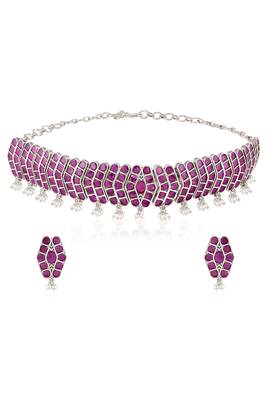 Oxidized silver plated faux ruby & lariya studded necklace earrings set jewellery for women 2