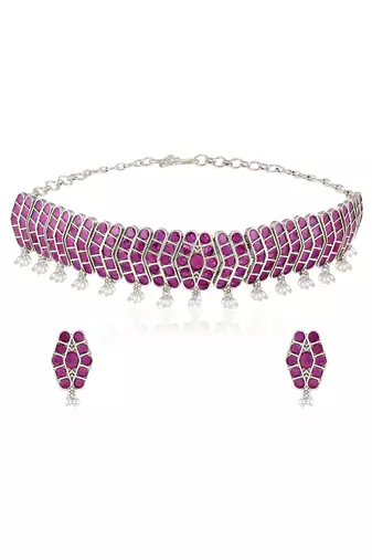 Oxidized silver plated faux ruby & lariya studded necklace earrings set jewellery for women