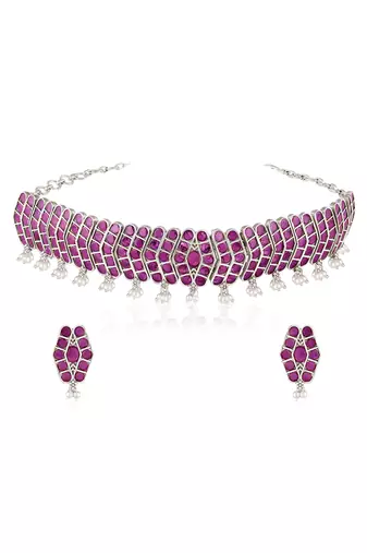 Oxidized silver plated faux ruby & lariya studded necklace earrings set jewellery for women