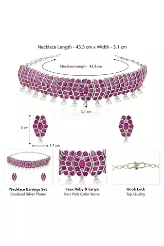 Oxidized silver plated faux ruby & lariya studded necklace earrings set jewellery for women