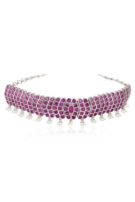 Oxidized silver plated faux ruby & lariya studded necklace earrings set jewellery for women 5