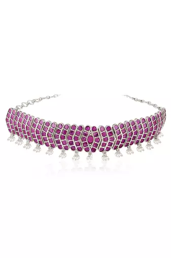 Oxidized silver plated faux ruby & lariya studded necklace earrings set jewellery for women