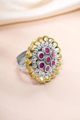 Oxidized silver gold plated faux ruby studded statement finger ring adjustable jewellery 1