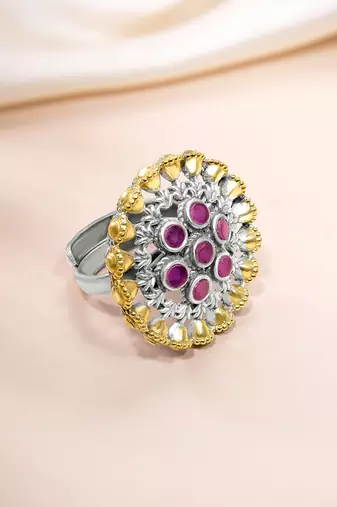 Oxidized silver gold plated faux ruby studded statement finger ring adjustable jewellery