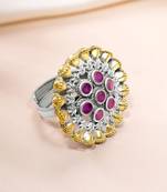 Oxidized silver gold plated faux ruby studded statement finger ring adjustable jewellery
