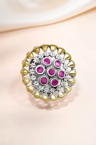 Oxidized silver gold plated faux ruby studded statement finger ring adjustable jewellery