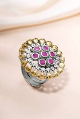 Oxidized silver gold plated faux ruby studded statement finger ring adjustable jewellery 3
