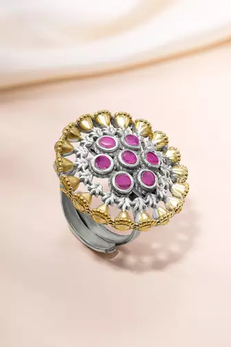 Oxidized silver gold plated faux ruby studded statement finger ring adjustable jewellery
