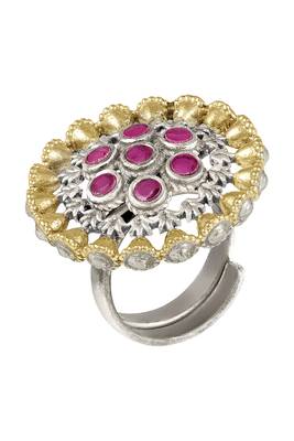 Oxidized silver gold plated faux ruby studded statement finger ring adjustable jewellery 4