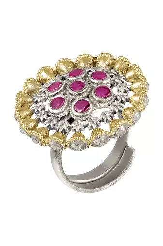 Oxidized silver gold plated faux ruby studded statement finger ring adjustable jewellery