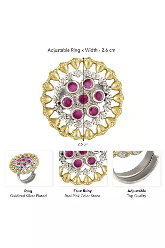 Oxidized silver gold plated faux ruby studded statement finger ring adjustable jewellery