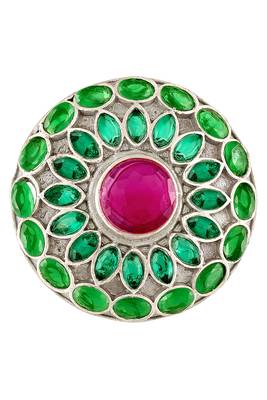 Oxidized silver plated green crystals & faux ruby studded statement finger ring 1