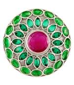 Oxidized silver plated green crystals & faux ruby studded statement finger ring