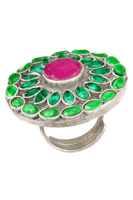 Oxidized silver plated green crystals & faux ruby studded statement finger ring 2