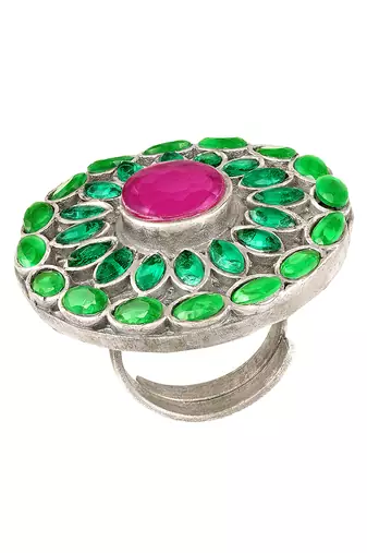 Oxidized silver plated green crystals & faux ruby studded statement finger ring