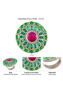 Oxidized silver plated green crystals & faux ruby studded statement finger ring 3
