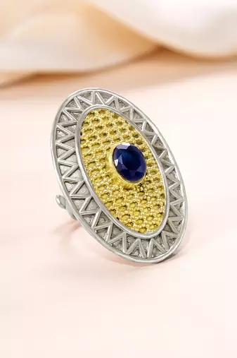 Oxidized silver gold plated blue crystal studded statement finger ring adjustable jewellery