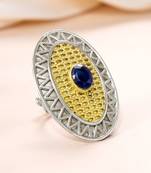 Oxidized silver gold plated blue crystal studded statement finger ring adjustable jewellery
