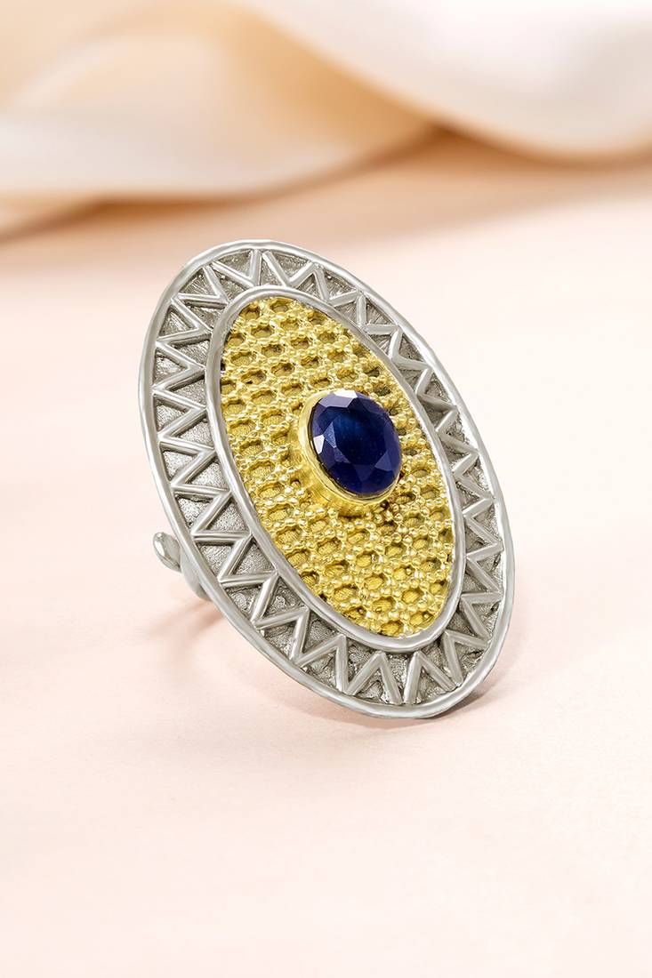 Oxidized silver gold plated blue crystal studded statement finger ring adjustable jewellery