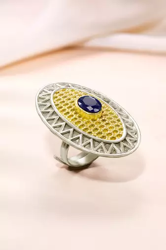 Oxidized silver gold plated blue crystal studded statement finger ring adjustable jewellery