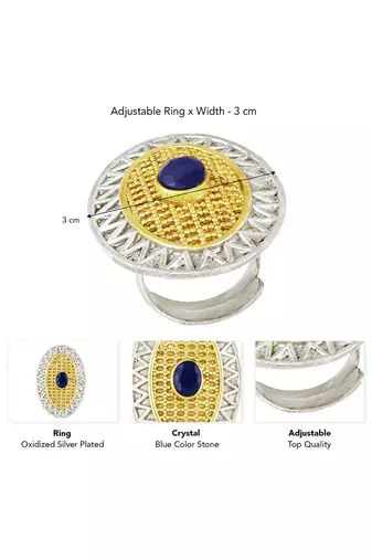Oxidized silver gold plated blue crystal studded statement finger ring adjustable jewellery