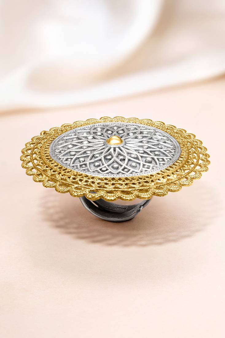 Oxidized silver gold plated statement finger ring adjustable jewellery for women & girls