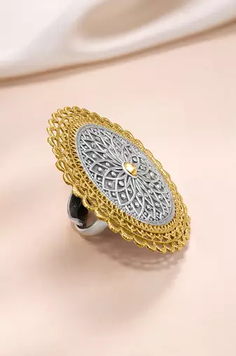 Oxidized silver gold plated statement finger ring adjustable jewellery for women & girls