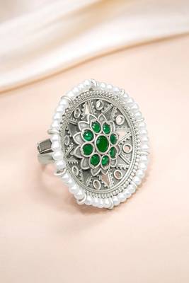 Oxidized silver plated faux emerald & beads studded statement finger ring adjustable jewellery 1