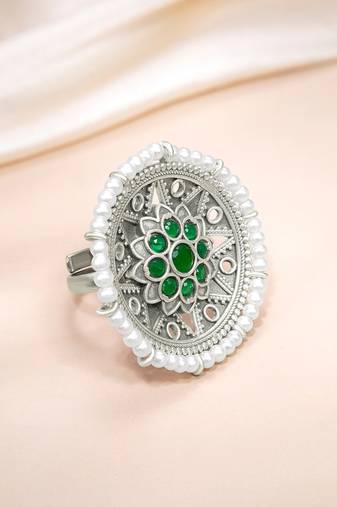 Oxidized silver plated faux emerald & beads studded statement finger ring adjustable jewellery