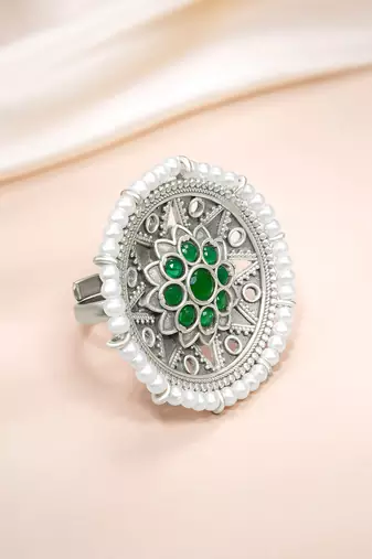 Oxidized silver plated faux emerald & beads studded statement finger ring adjustable jewellery