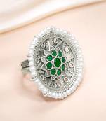 Oxidized silver plated faux emerald & beads studded statement finger ring adjustable jewellery