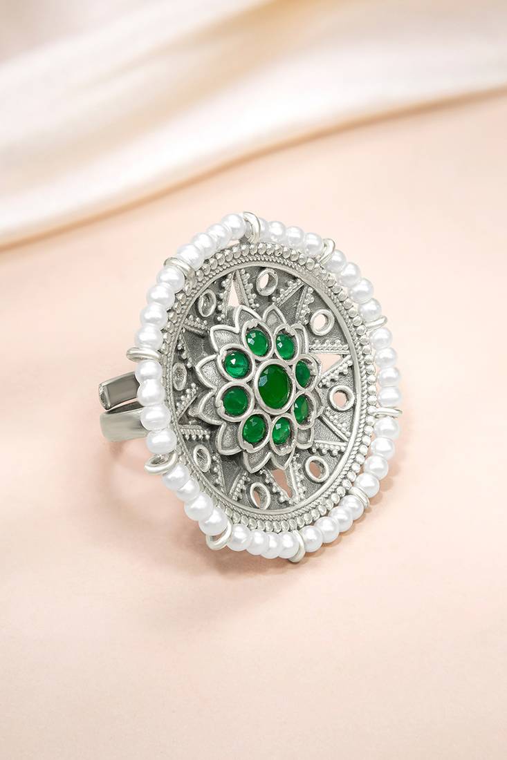 Oxidized silver plated faux emerald & beads studded statement finger ring adjustable jewellery