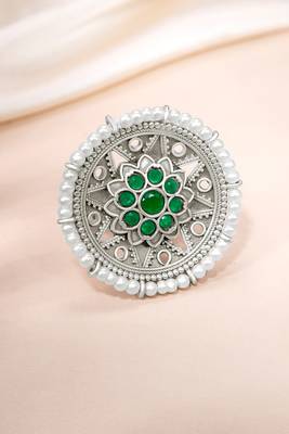Oxidized silver plated faux emerald & beads studded statement finger ring adjustable jewellery 2