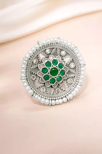 Oxidized silver plated faux emerald & beads studded statement finger ring adjustable jewellery
