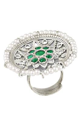 Oxidized silver plated faux emerald & beads studded statement finger ring adjustable jewellery 3