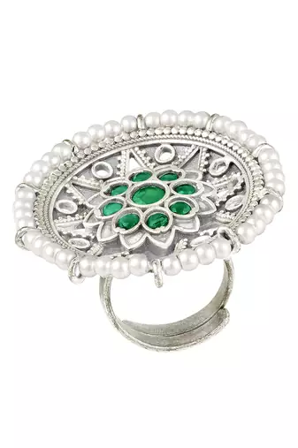 Oxidized silver plated faux emerald & beads studded statement finger ring adjustable jewellery
