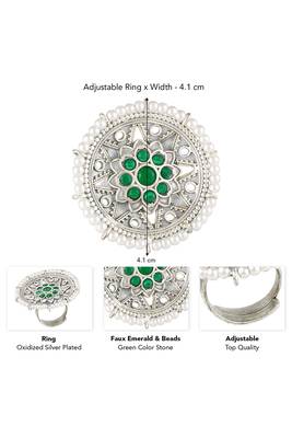 Oxidized silver plated faux emerald & beads studded statement finger ring adjustable jewellery 4