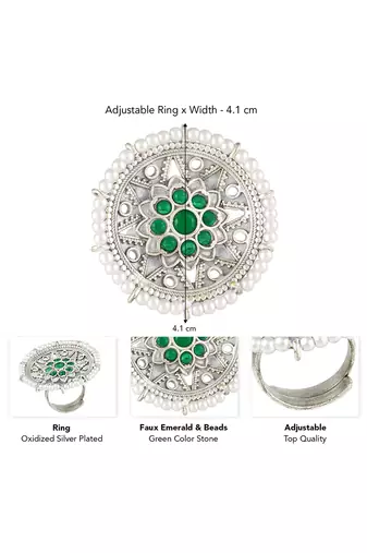 Oxidized silver plated faux emerald & beads studded statement finger ring adjustable jewellery