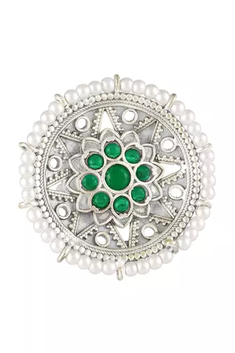 Oxidized silver plated faux emerald & beads studded statement finger ring adjustable jewellery