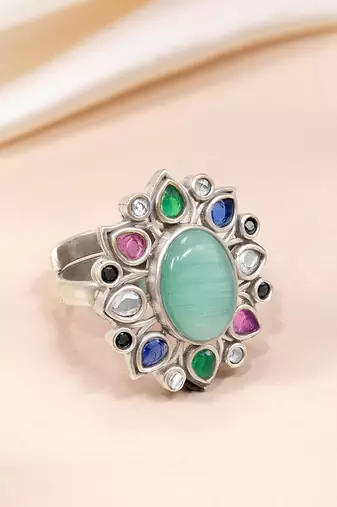 Oxidized silver plated faux emerald & multicolor crystals studded statement finger ring