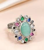 Oxidized silver plated faux emerald & multicolor crystals studded statement finger ring