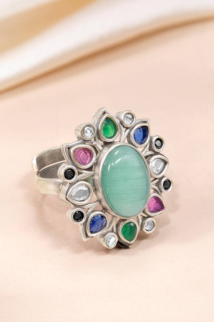 Oxidized silver plated faux emerald & multicolor crystals studded statement finger ring