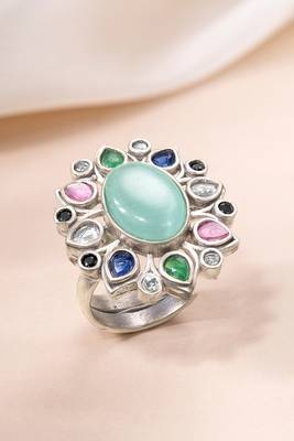 Oxidized silver plated faux emerald & multicolor crystals studded statement finger ring 2