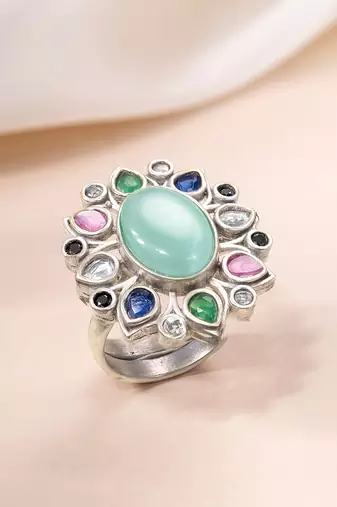 Oxidized silver plated faux emerald & multicolor crystals studded statement finger ring