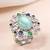 Oxidized silver plated faux emerald & multicolor crystals studded statement finger ring