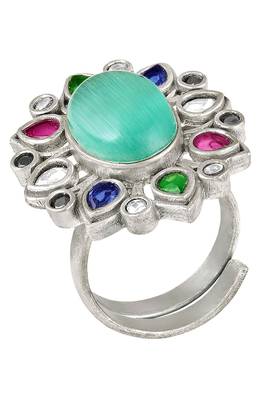 Oxidized silver plated faux emerald & multicolor crystals studded statement finger ring 3