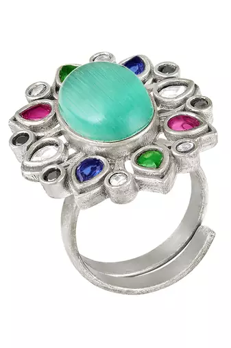 Oxidized silver plated faux emerald & multicolor crystals studded statement finger ring